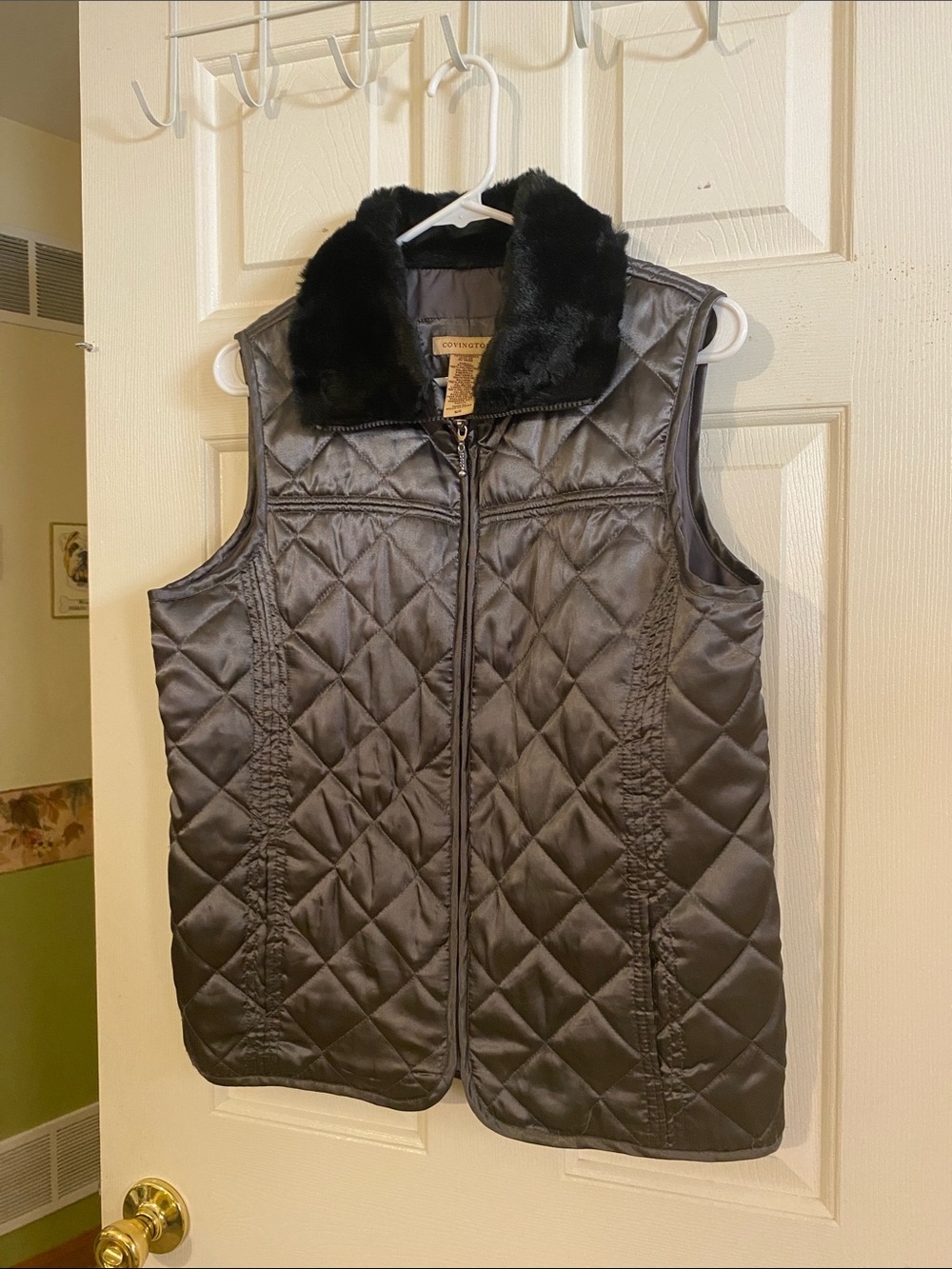 Covington Quilted Vest with Faux Fur Collar - Black
